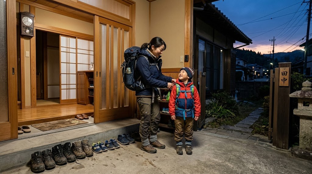 早朝の玄関で登山に出発する親子