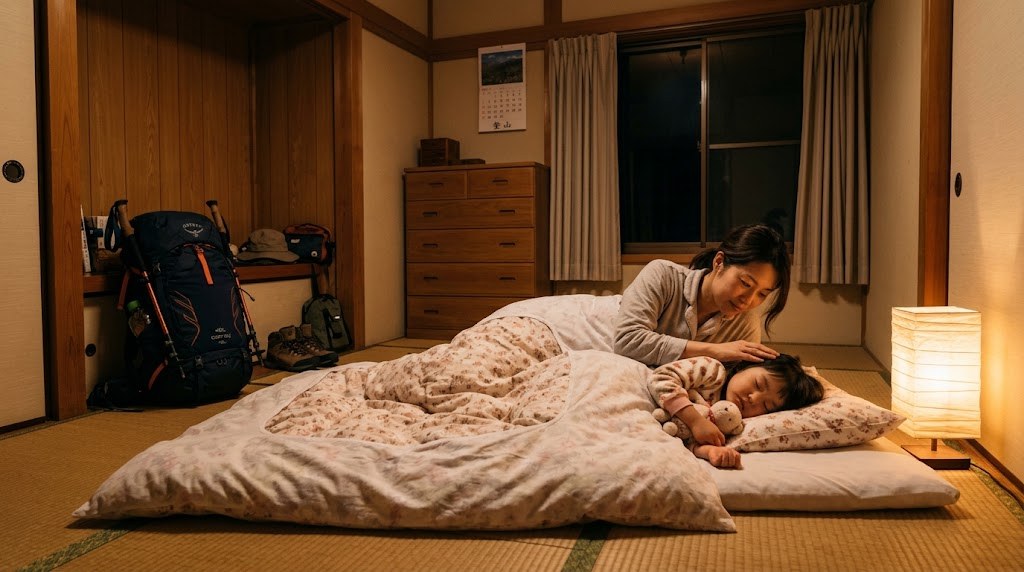 登山の前夜に子どもを早めに寝かしつける様子