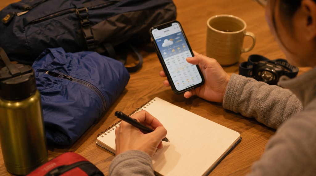 スマートフォンで山の天気予報を確認する様子