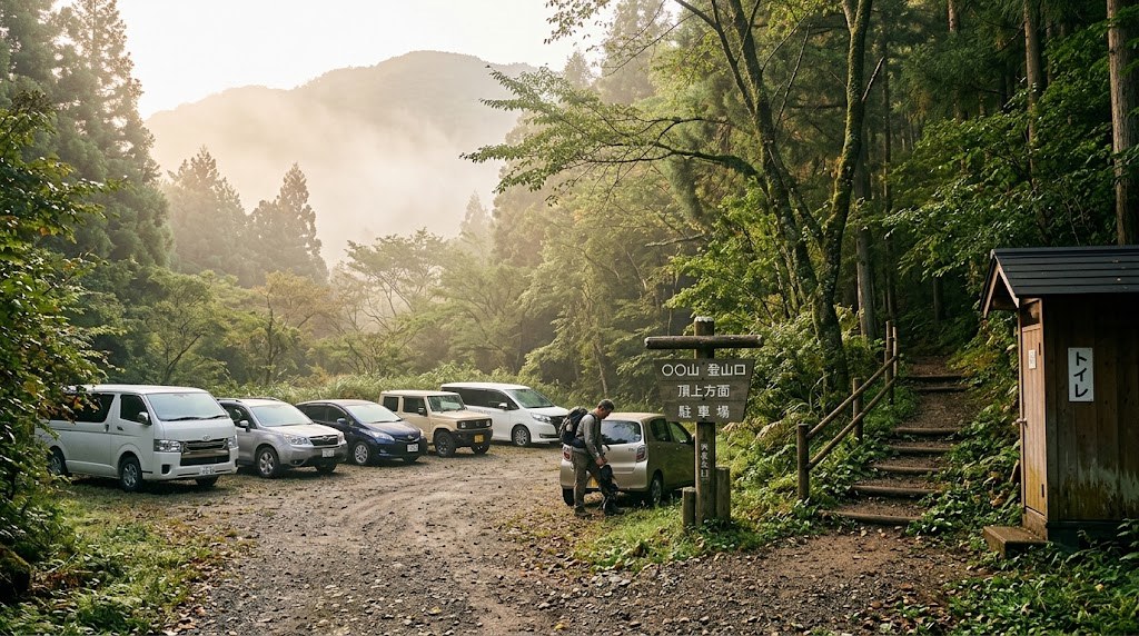 早朝の登山口の駐車場とトイレ