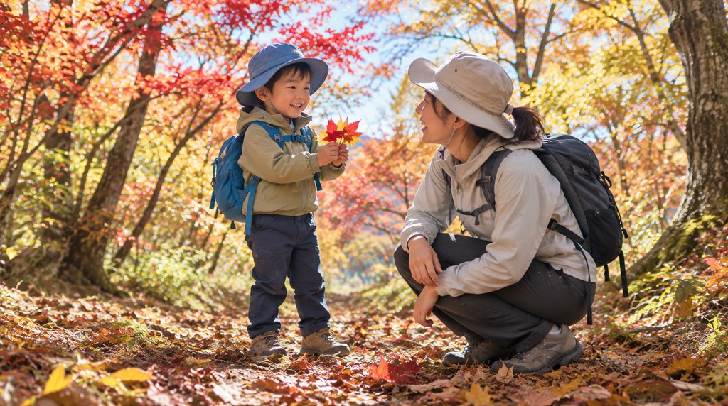 紅葉した木の下で落ち葉を見せる子どもと親