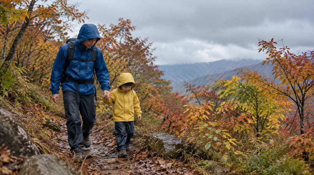 雲が広がる秋の低山でレインウェアを着て引き返す親子
