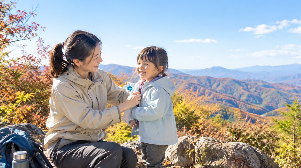 山頂の休憩で子どもに上着を羽織らせる親