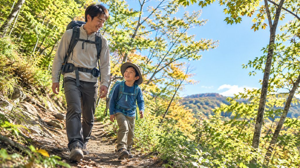 秋の低山の登山道を並んで歩く親子