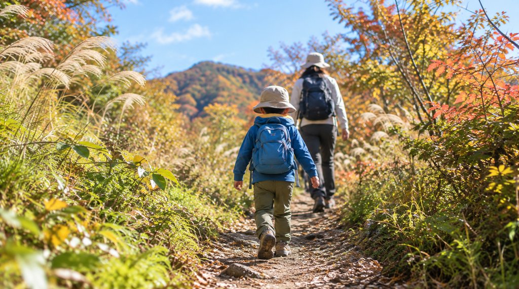 長袖長ズボンで登山道の真ん中を歩く子ども