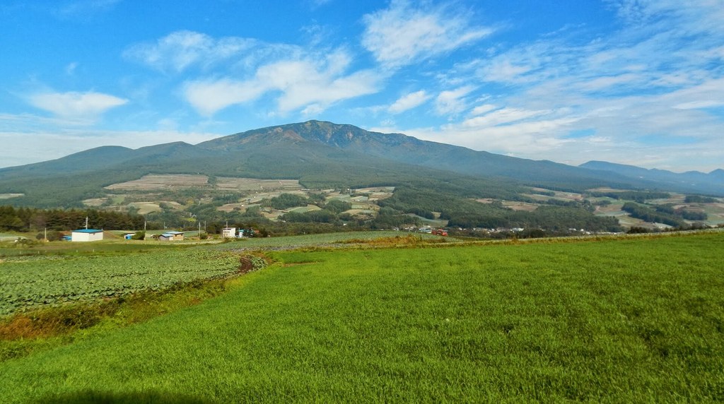 嬬恋村のキャベツ畑ごしに見た四阿山の山容