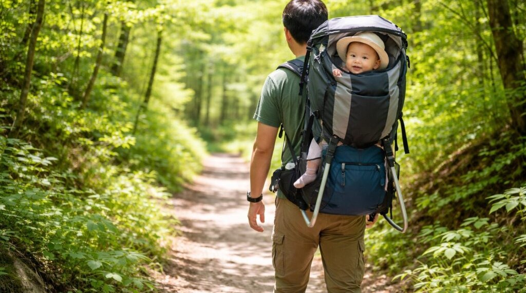 ベビーキャリアで赤ちゃんを背負って登山道を歩く親