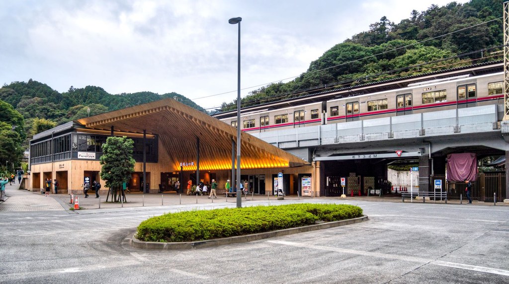 山を背にした京王線の高尾山口駅の駅舎
