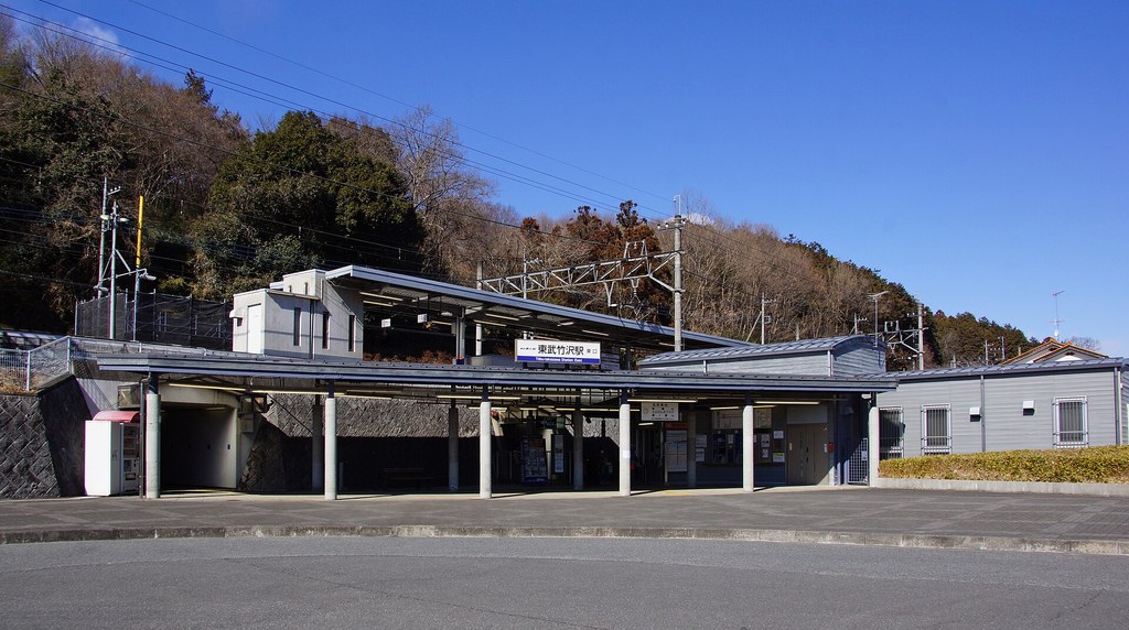 山を背にした東武竹沢駅の駅舎