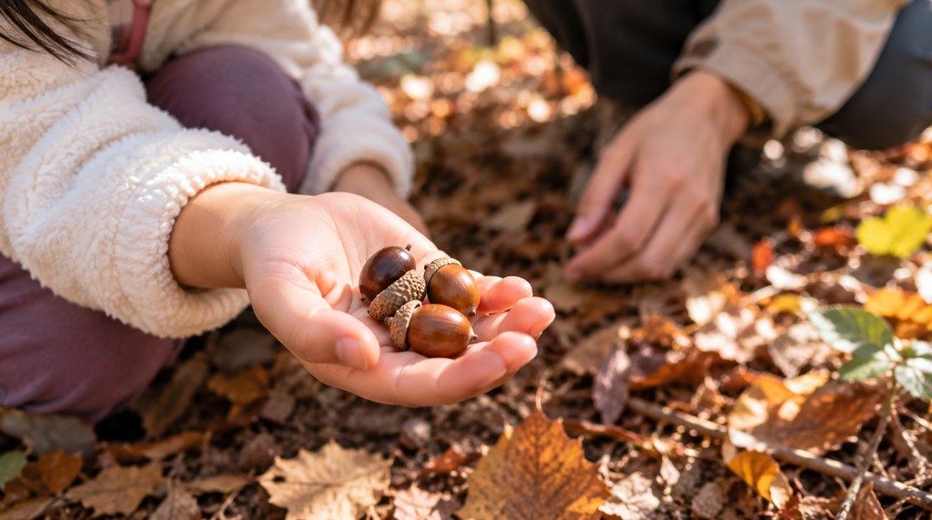 子どもの手のひらにのせた数個のどんぐり