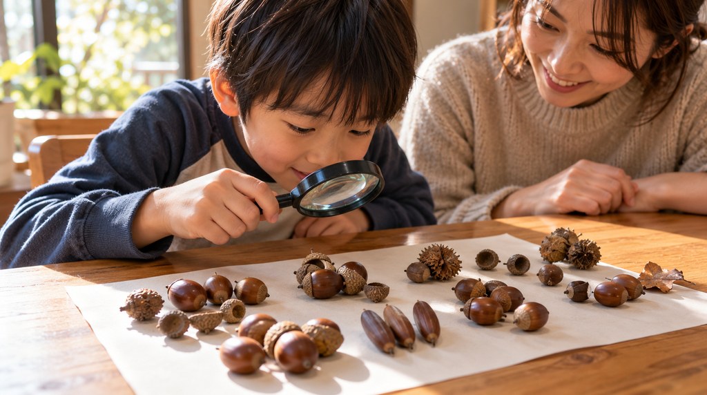拾ったどんぐりを虫眼鏡で見比べる子ども