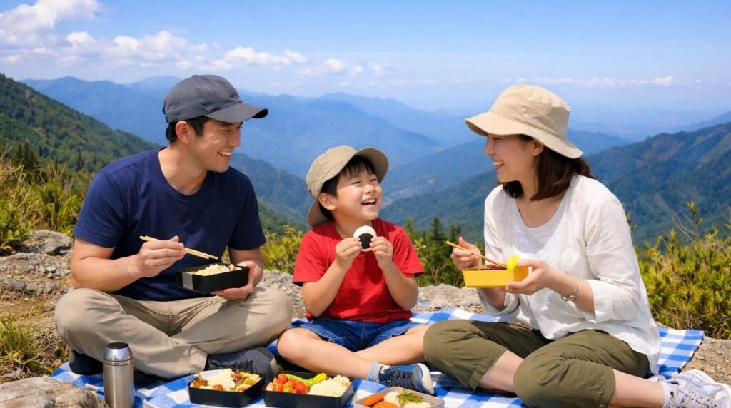 山頂でお弁当を食べる親子
