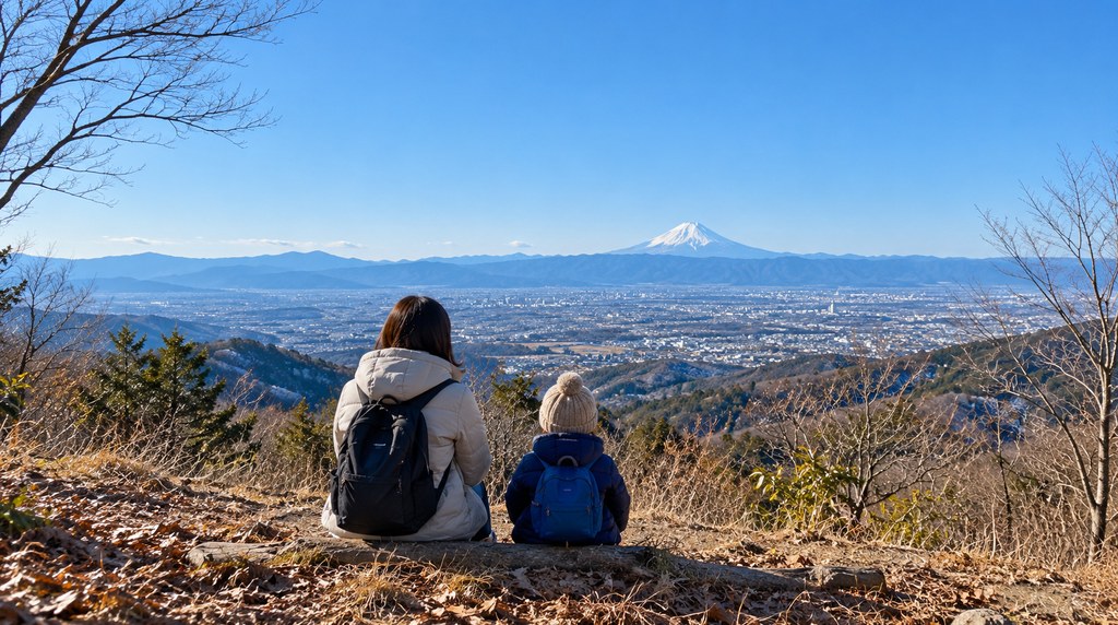 冬の低山の山頂から遠くの富士山を眺める親子の後ろ姿
