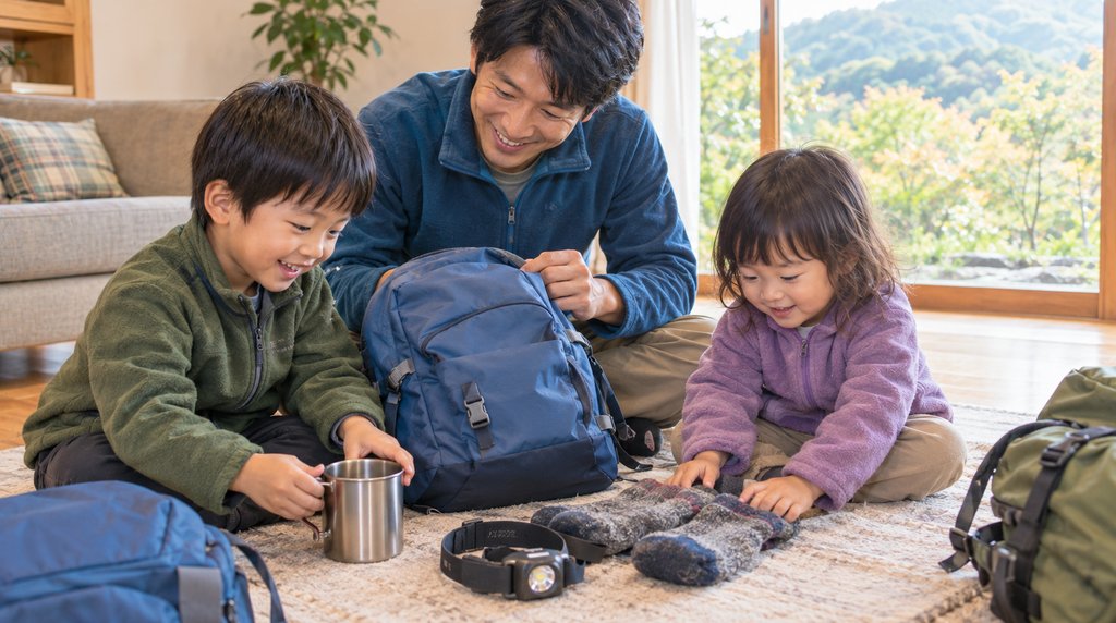 リビングで登山の道具を並べる親子