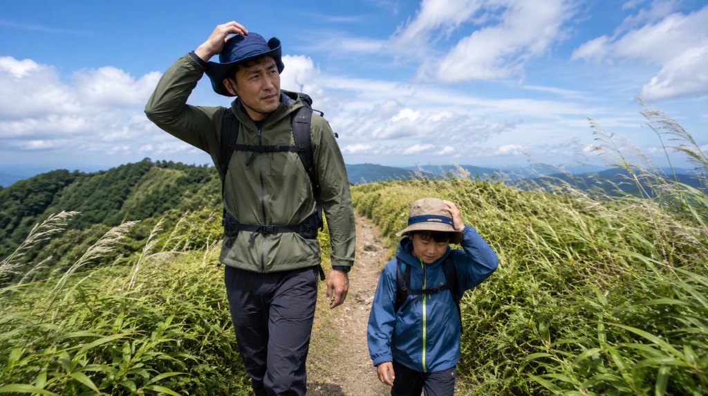 強い風のなか帽子を手で押さえて登山道を歩く親子