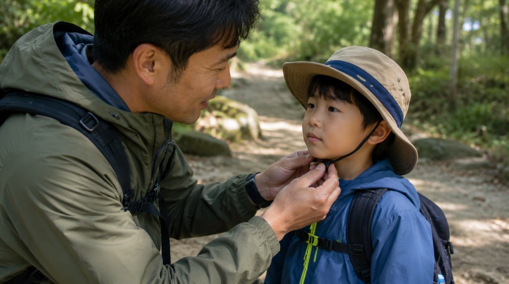 登山口で子どもの帽子のあご紐を留めてあげる親