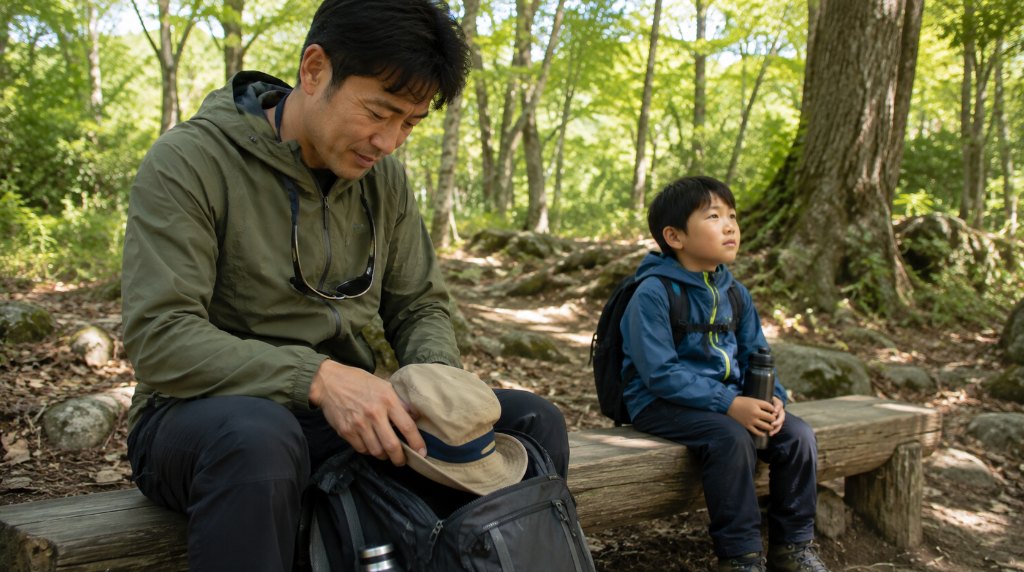 休憩中に帽子をザックへしまい、サングラスを首に下げている登山者