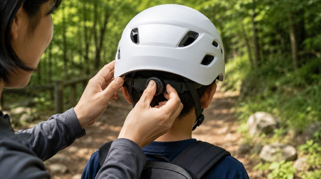 子どもがかぶった登山用ヘルメットの後頭部のダイヤルを親が回して調節している手元