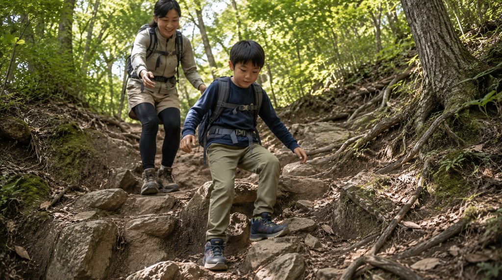 岩と木の根の段差を下りようとする子どもと後ろから手を差し出す親