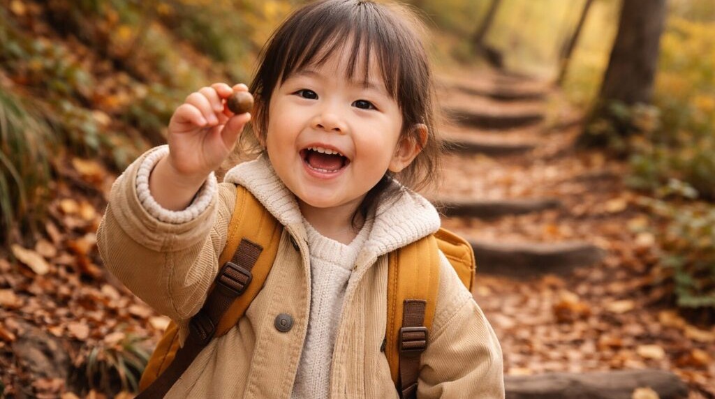 秋の登山道でどんぐりを見せる子ども