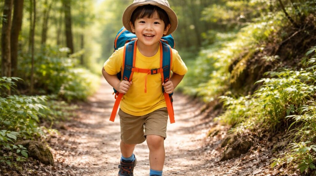 ザックを背負って登山道を歩く子ども