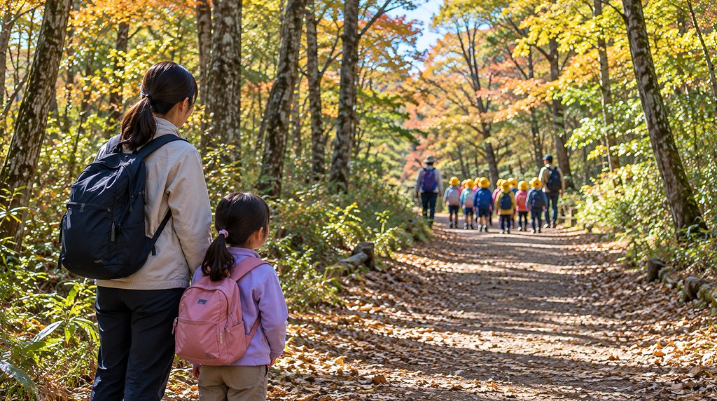 遠くを歩く園児の列を道の端で見送る母親と子ども