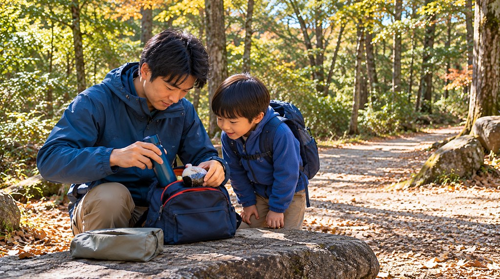 登山口でリュックにお弁当と水筒を入れる父親とのぞきこむ子ども
