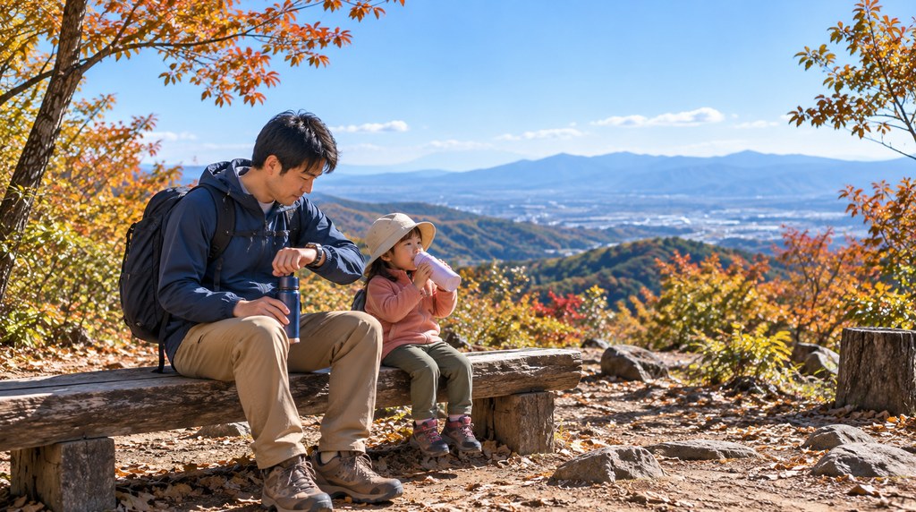 人の少ない山頂のベンチで時計を見ながら一休みする父親と子ども