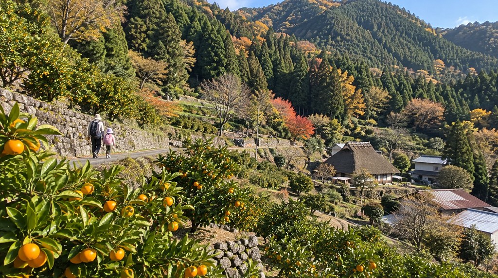 杉の山に囲まれた斜面のみかん畑と農道を歩く親子