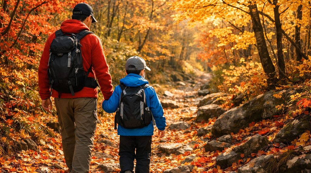 紅葉の登山道を歩く親子