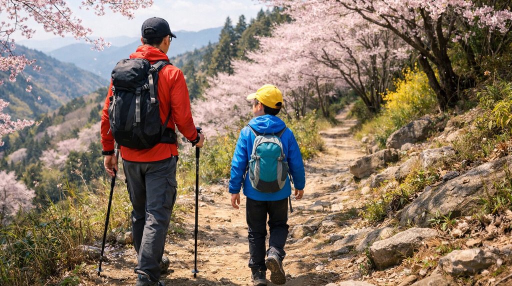 季節に合わせた服装で登山を楽しむ親子