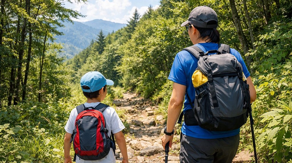 夏山で速乾ウェアを着て歩く子ども