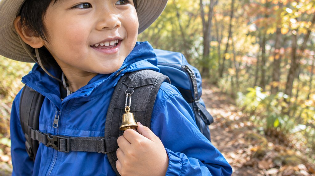 子どものリュックの肩ベルトに付けた熊鈴