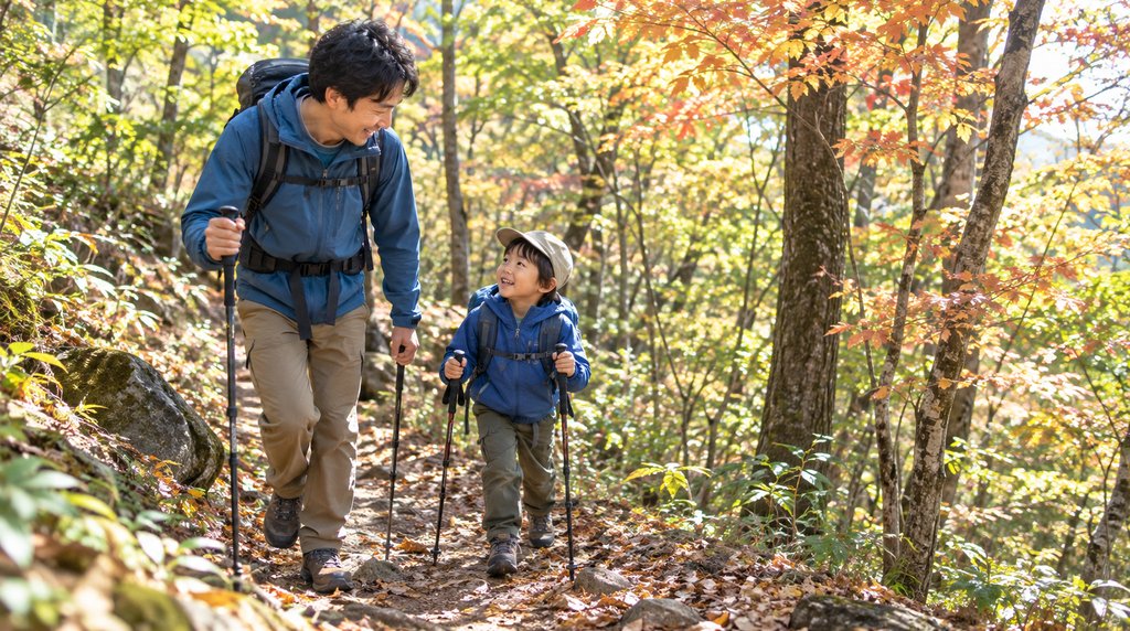 秋の登山道をポールとリュックで歩く親子