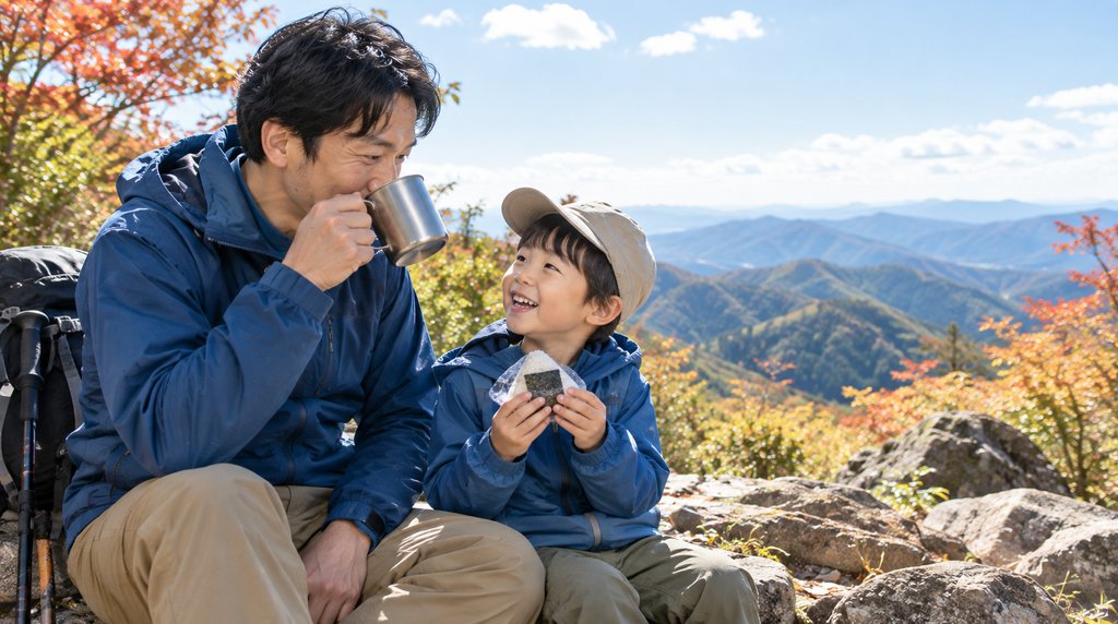 山頂でマグの飲み物とおにぎりを楽しむ親子