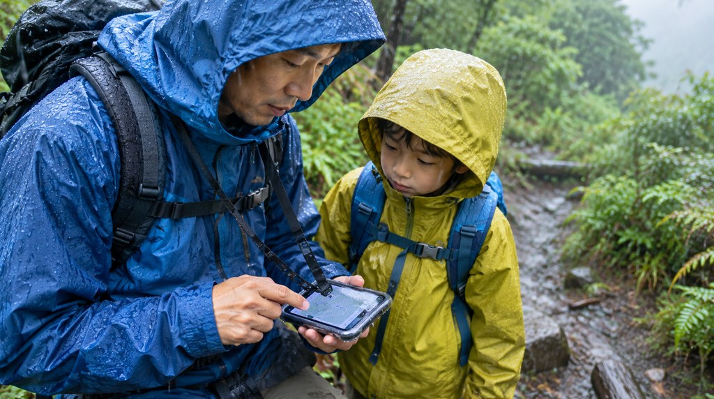 雨が降り出した登山道でスマホの地図を確認する親子