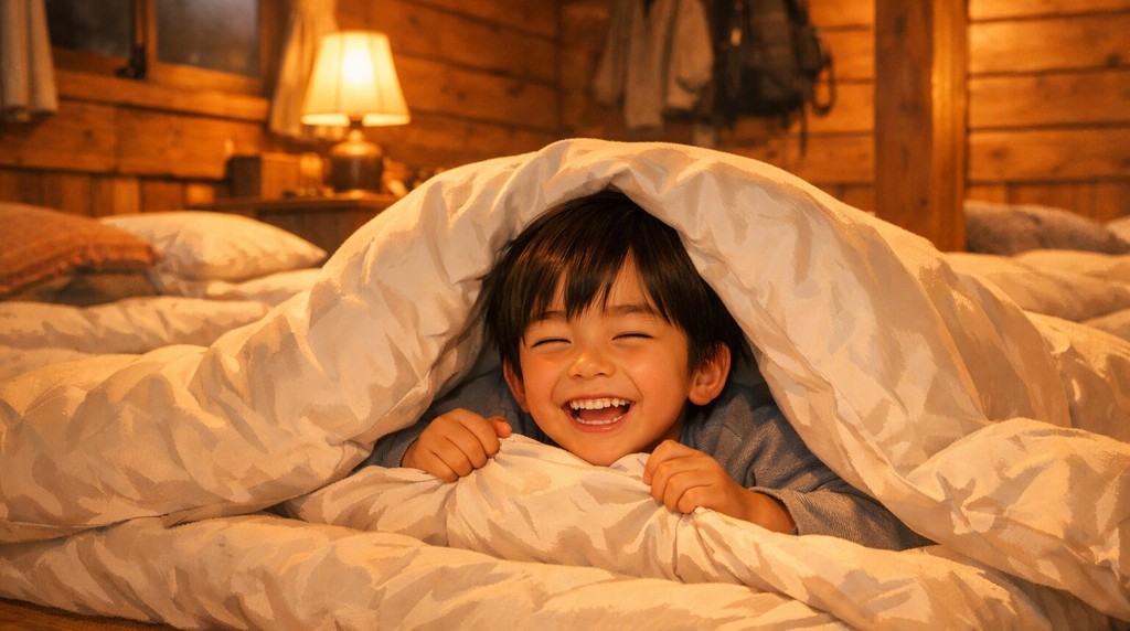 山小屋の布団にくるまって笑う子ども