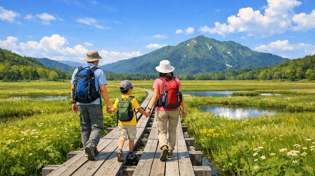 木道を歩く親子3人と湿原の向こうの山