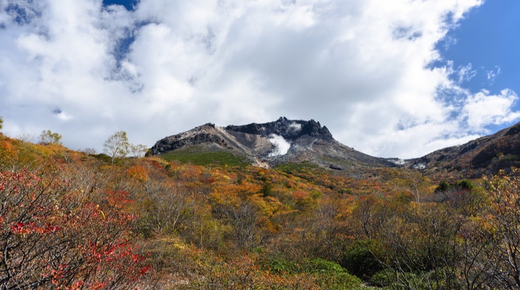 姥ヶ平から見た紅葉の茶臼岳と噴煙