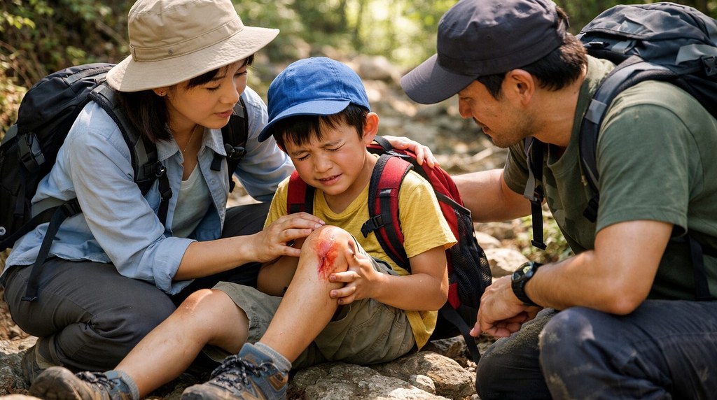 木のテーブルに広げた子連れ登山用の救急用品