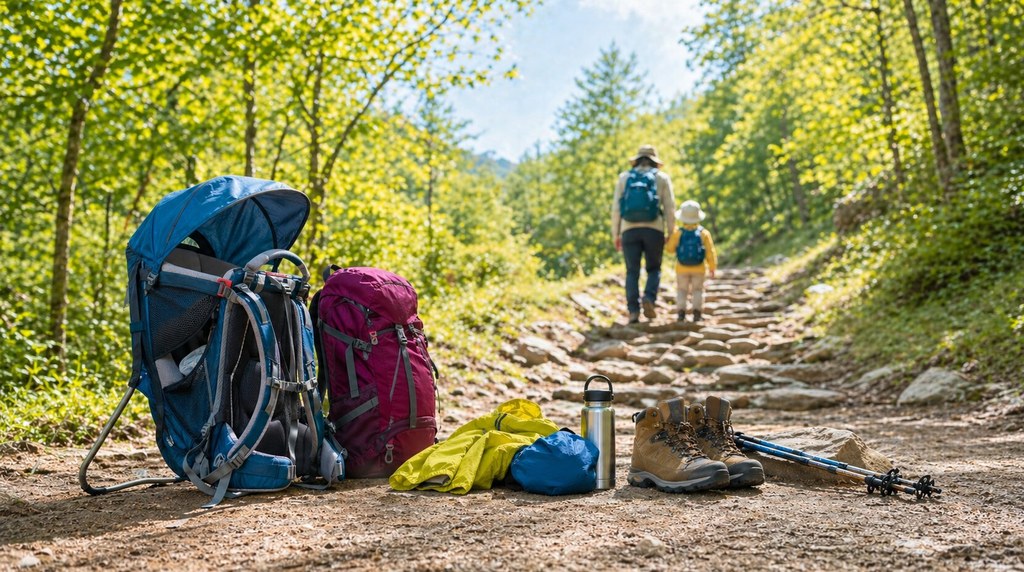 登山道で家族とギアが並ぶ風景