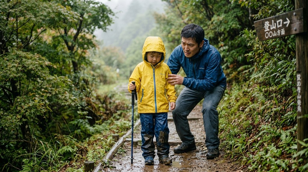 上のレインジャケットだけを着た子どものズボンとくつが雨で濡れている