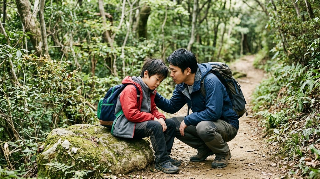 登山道の途中で座り込んだ子どもの様子を見る親