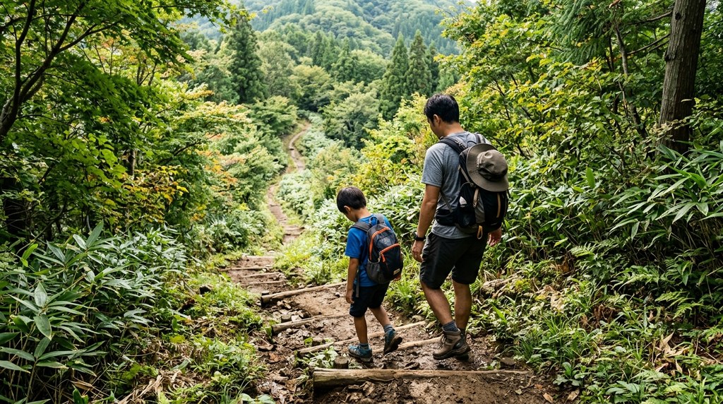 日本の低山の登り坂を歩く親子の後ろ姿