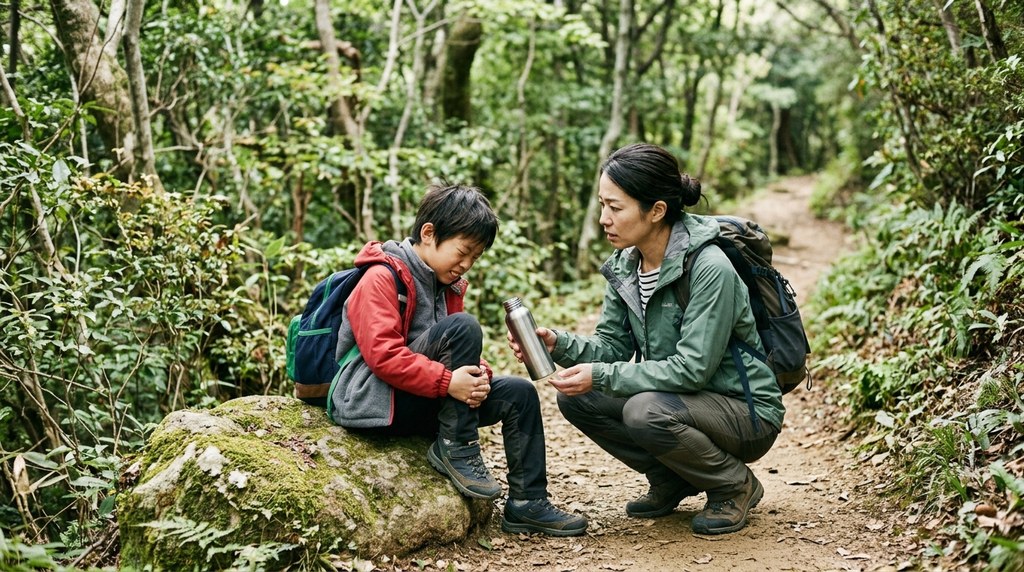 登山道の脇で足を押さえる子どもに水筒を差し出す親