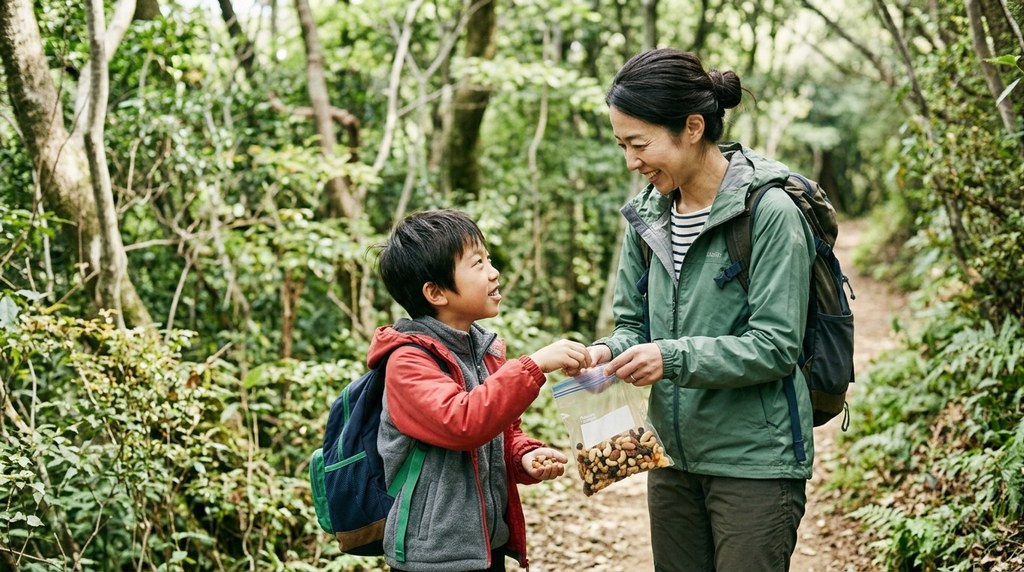登山道で個包装の行動食を分け合う親子