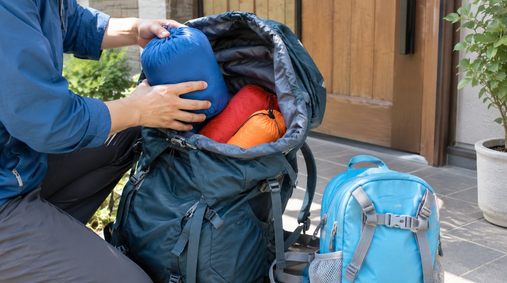 色違いの収納袋を登山用ザックに詰めているところ