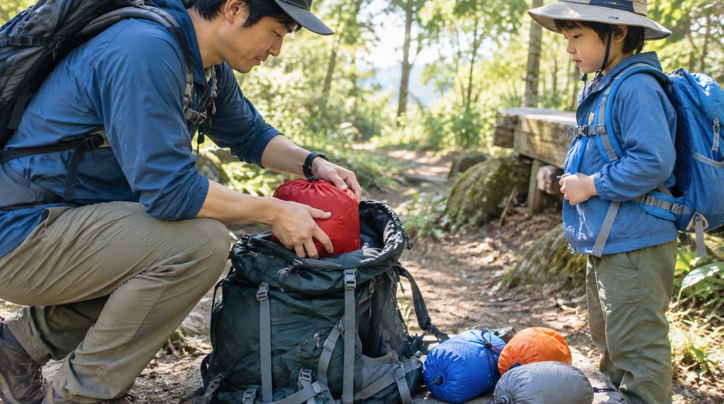 登山口でザックに袋を詰めている様子