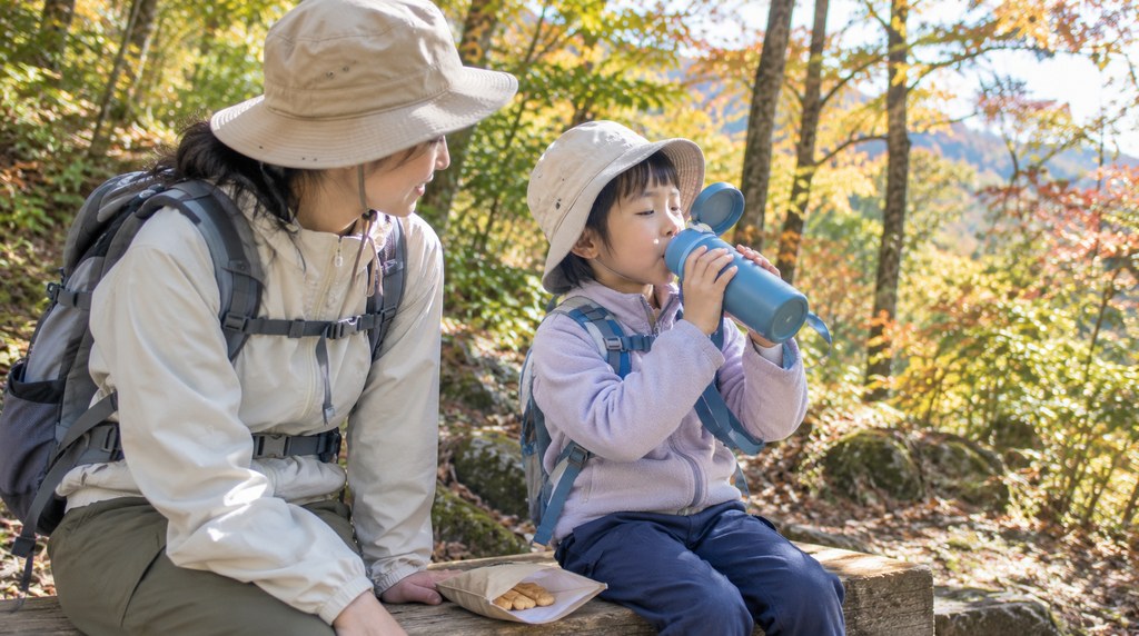 ふた付きの水筒から飲む子どもと見守る親