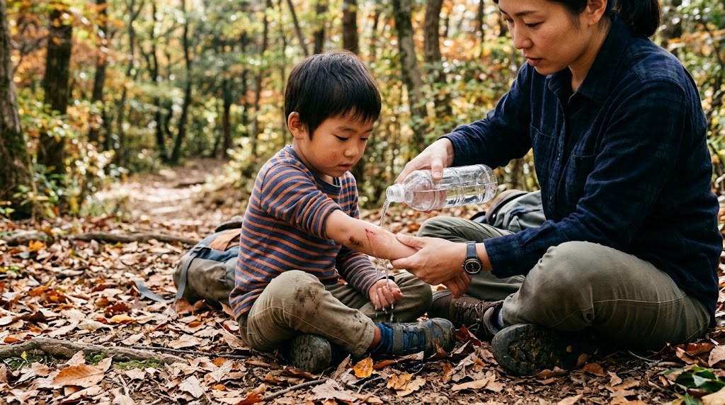 子どもの腕にペットボトルの水をかけて洗い流す親
